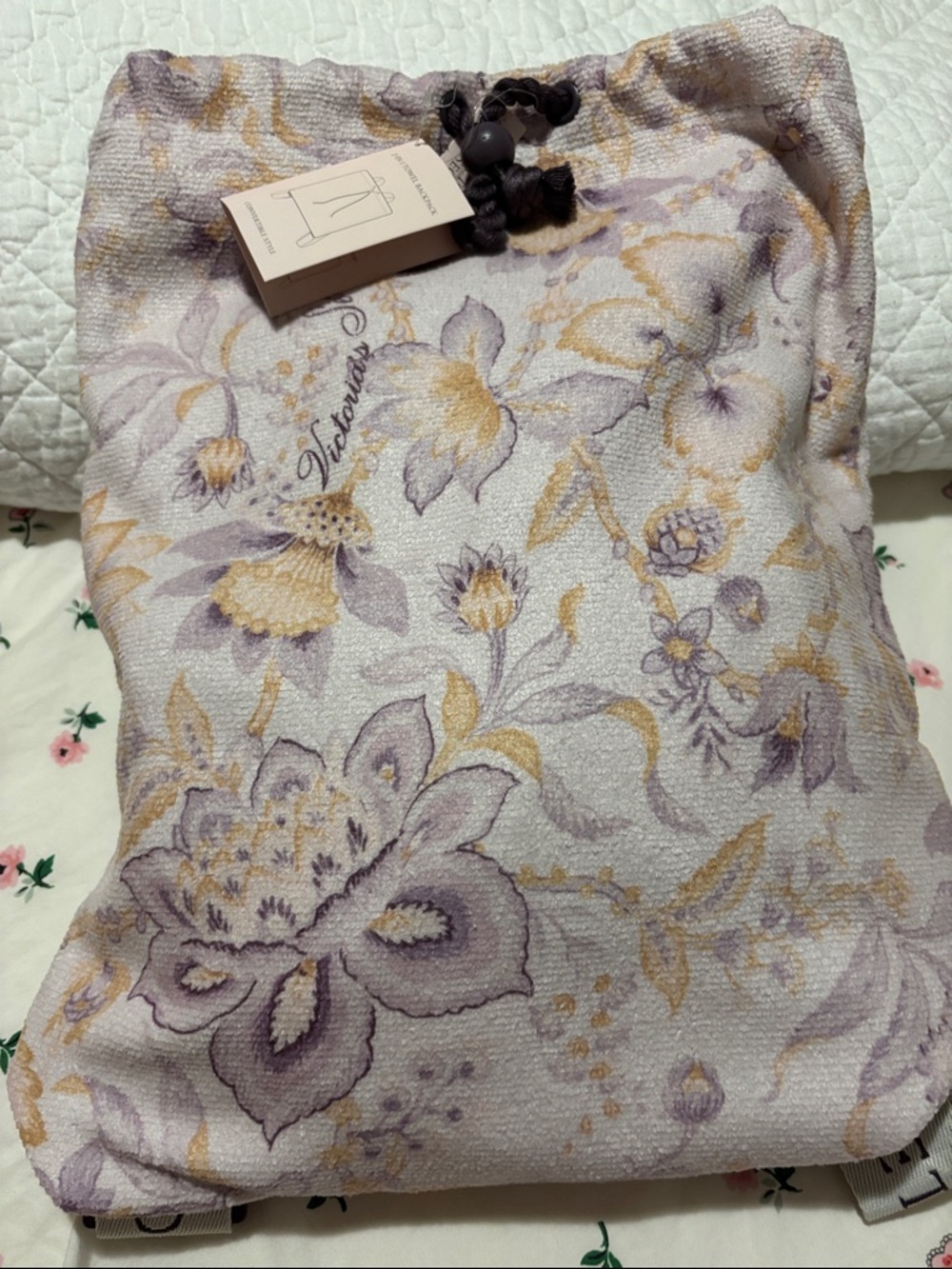 Victoria's Secret Lavender and Mustard Floral Drawstring Tote